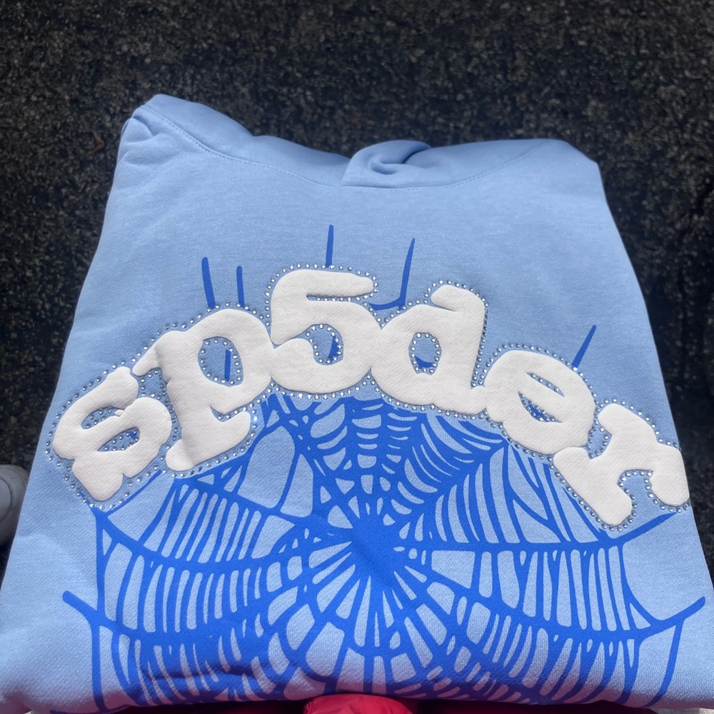 Blue V-Neck Sweater with Spider Web Design